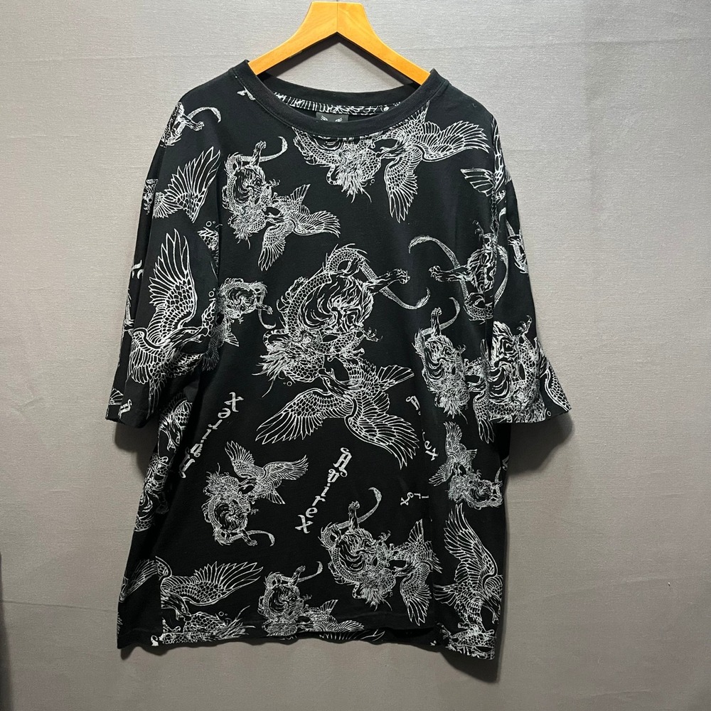 Avirex Mens 3XL Black Dragon Eagle All Over Print Graphic T-Shirt Cotton Tee